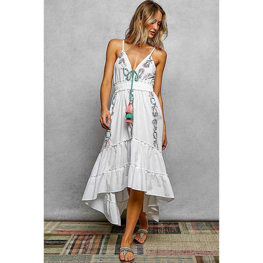 POL Embroidered Detail Tassel Tie Smocked Waist Midi Tiered Cami Dress - Large - Picture 3 of 6